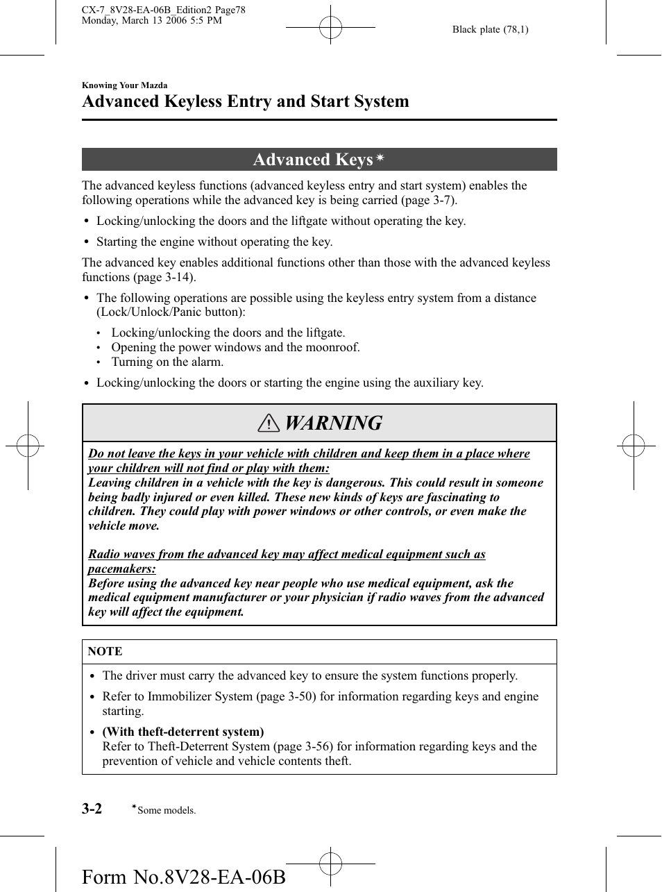 Advanced keyless entry and start system, Advanced keys, Advanced keyless entry and start system -2 | Warning | Mazda 2007 CX-7 User Manual | Page 78 / 406