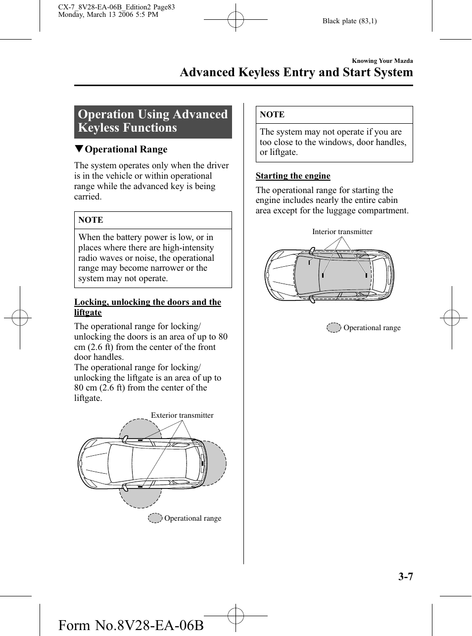 Operation using advanced keyless functions, Operation using advanced keyless functions -7, Advanced keyless entry and start system | Mazda 2007 CX-7 User Manual | Page 83 / 406
