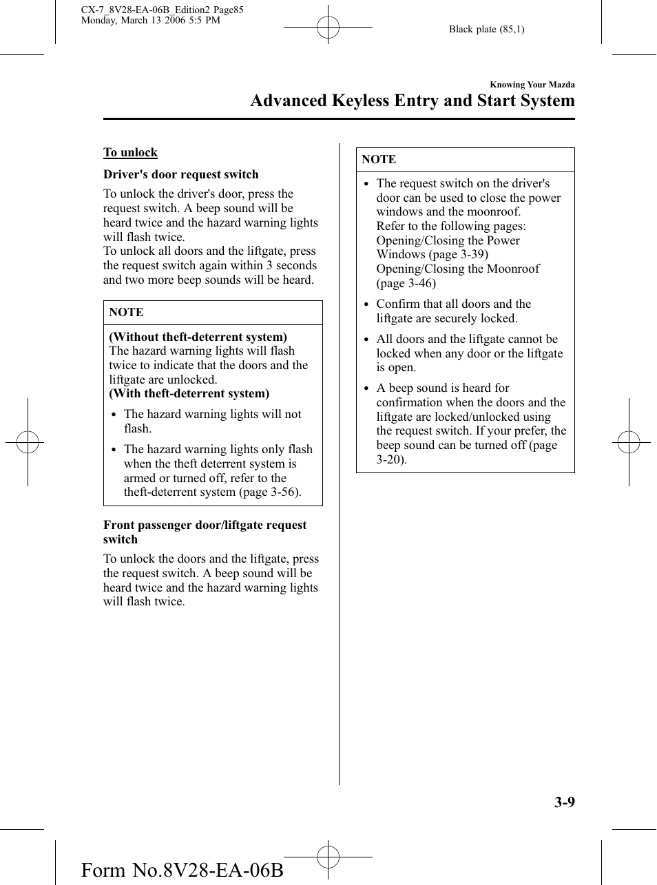 Advanced keyless entry and start system | Mazda 2007 CX-7 User Manual | Page 85 / 406