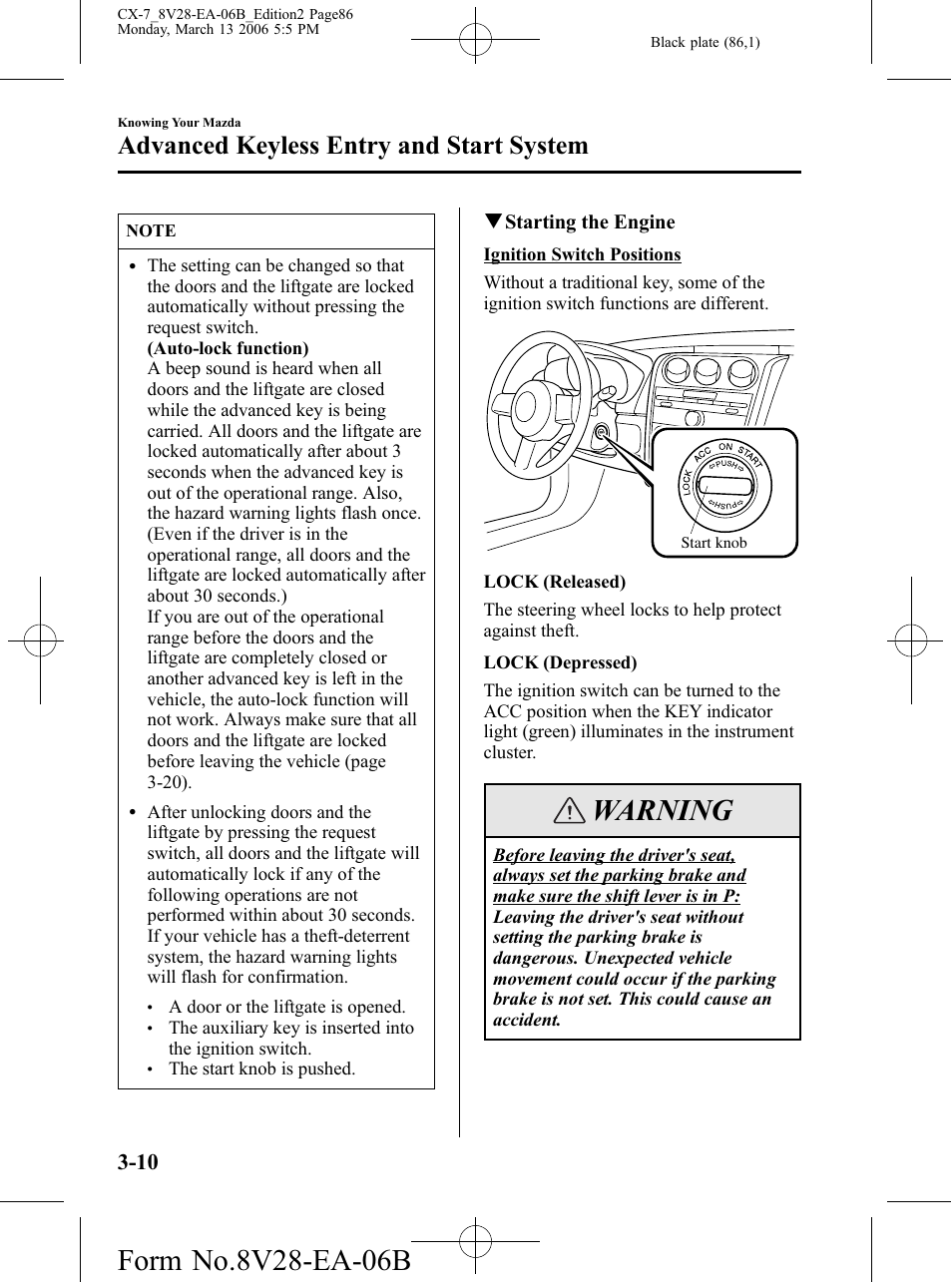 Warning, Advanced keyless entry and start system | Mazda 2007 CX-7 User Manual | Page 86 / 406