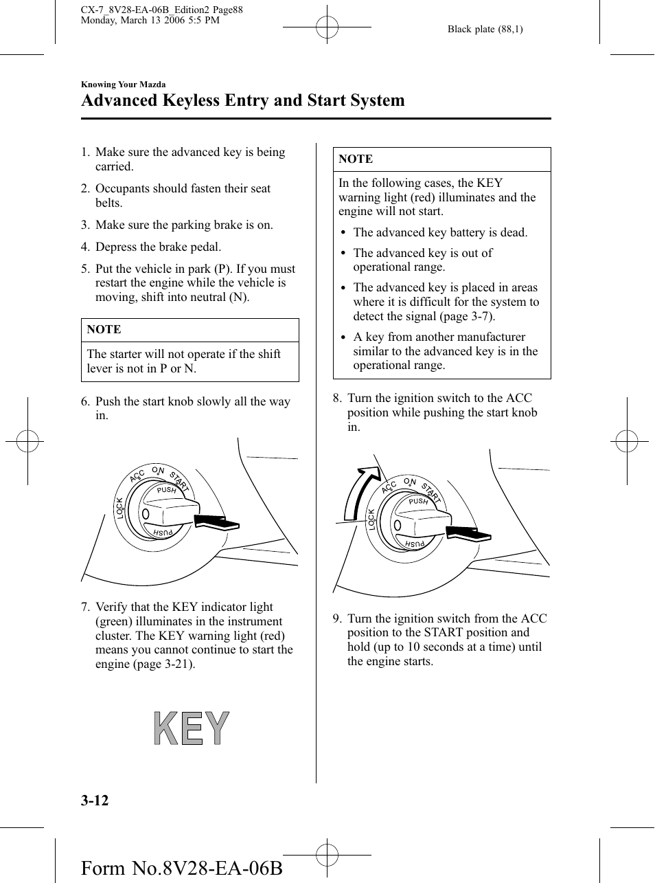 Advanced keyless entry and start system | Mazda 2007 CX-7 User Manual | Page 88 / 406