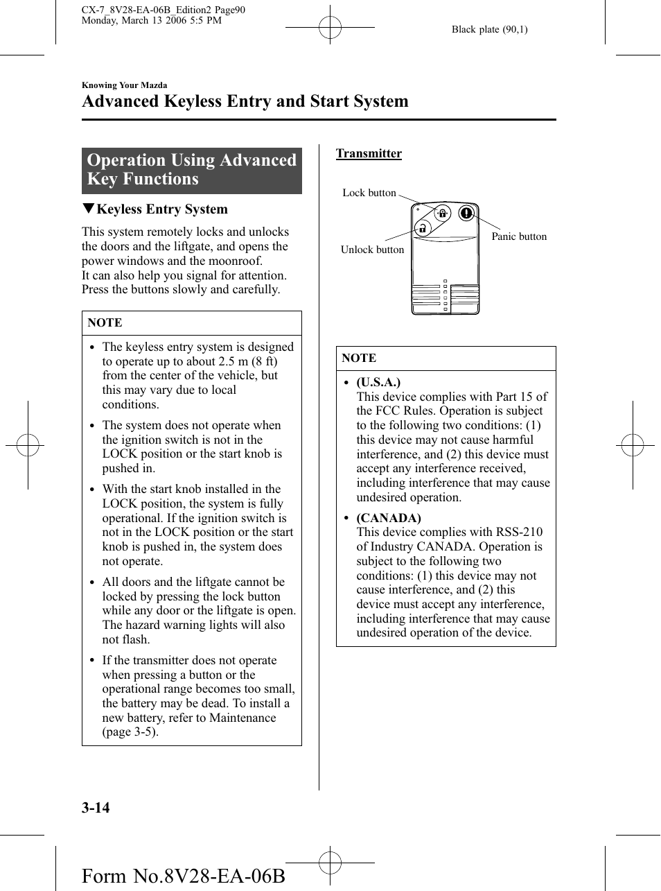 Operation using advanced key functions, Operation using advanced key functions -14, Advanced keyless entry and start system | Qkeyless entry system | Mazda 2007 CX-7 User Manual | Page 90 / 406