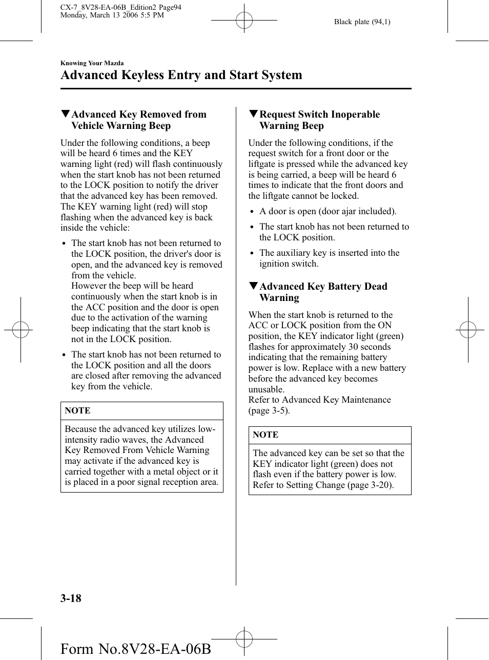 Advanced keyless entry and start system | Mazda 2007 CX-7 User Manual | Page 94 / 406