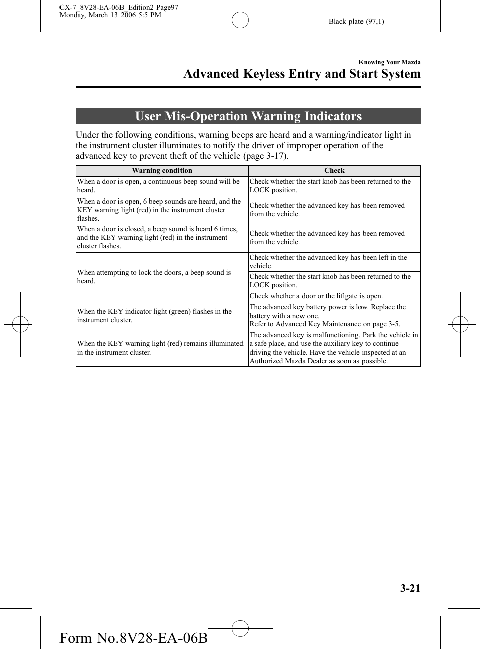 User mis-operation warning indicators, User mis-operation warning indicators -21, Advanced keyless entry and start system | Mazda 2007 CX-7 User Manual | Page 97 / 406