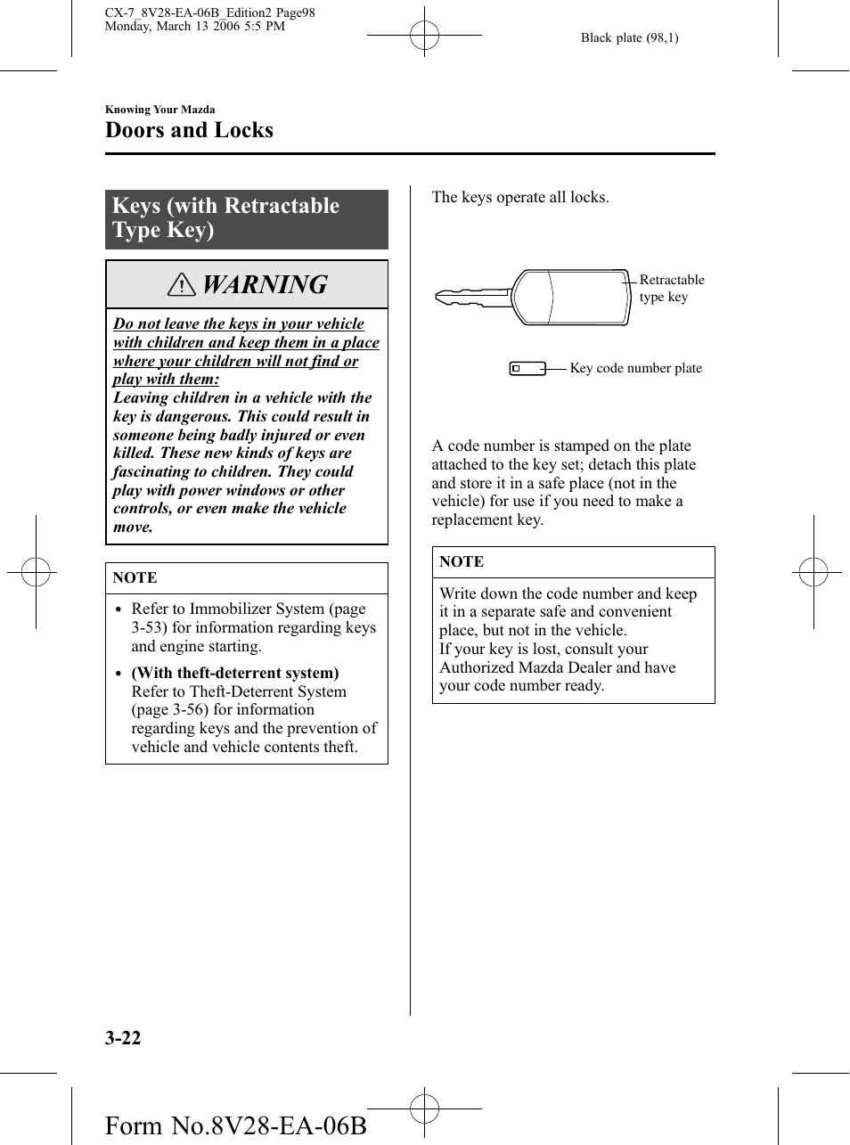 Doors and locks, Keys (with retractable type key), Doors and locks -22 | Keys (with retractable type key) -22, Warning | Mazda 2007 CX-7 User Manual | Page 98 / 406