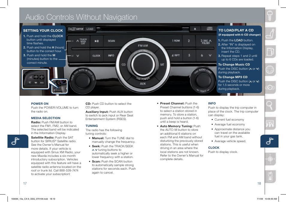 Audio controls without navigation | Mazda 2010 CX-9 User Manual | Page 10 / 16
