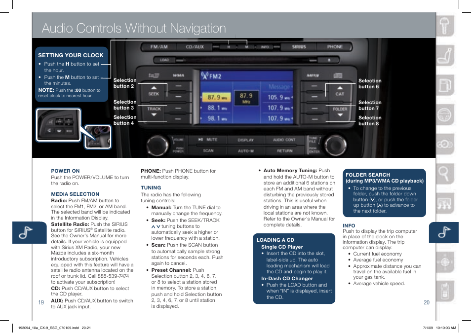 Audio controls without navigation | Mazda 2010 CX-9 User Manual | Page 11 / 16