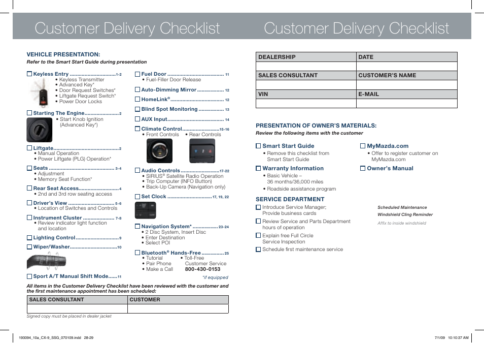 Customer delivery checklist | Mazda 2010 CX-9 User Manual | Page 15 / 16
