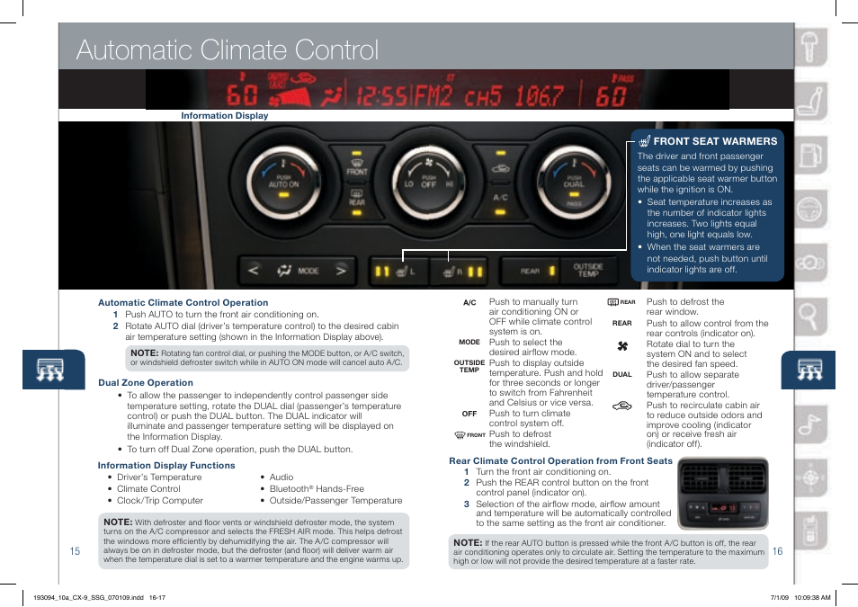 Automatic climate control | Mazda 2010 CX-9 User Manual | Page 9 / 16