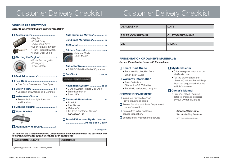 Customer delivery checklist | Mazda 2010 6 User Manual | Page 15 / 16
