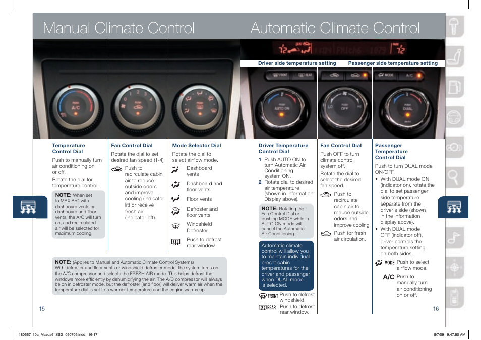 Manual climate control, Automatic climate control | Mazda 2010 6 User Manual | Page 9 / 16