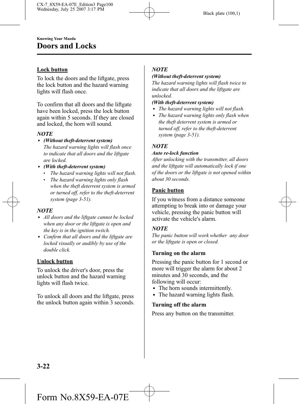 Doors and locks | Mazda 2008 CX-7 User Manual | Page 100 / 502