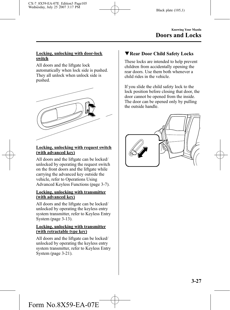 Doors and locks | Mazda 2008 CX-7 User Manual | Page 105 / 502