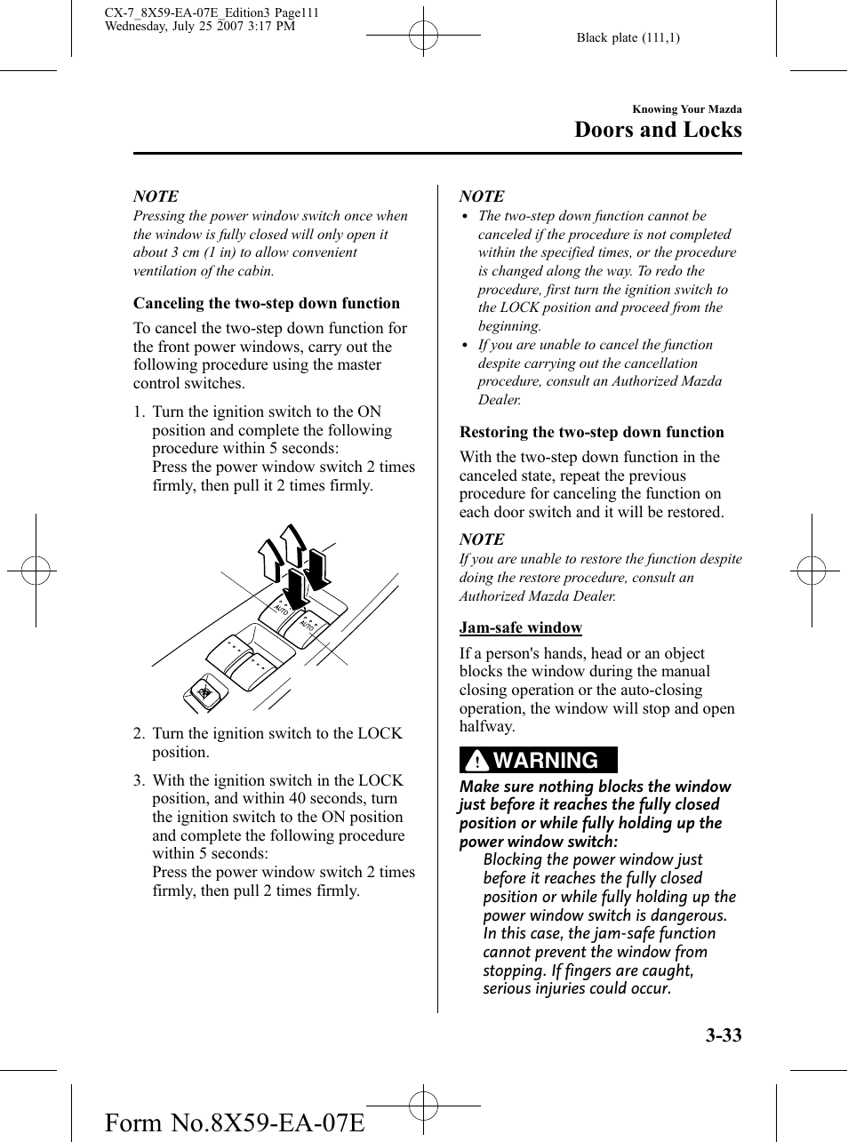 Doors and locks, Warning | Mazda 2008 CX-7 User Manual | Page 111 / 502