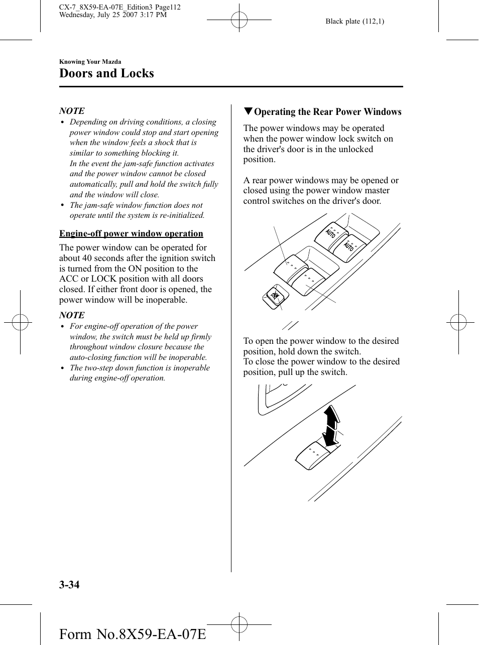 Doors and locks, Qoperating the rear power windows | Mazda 2008 CX-7 User Manual | Page 112 / 502