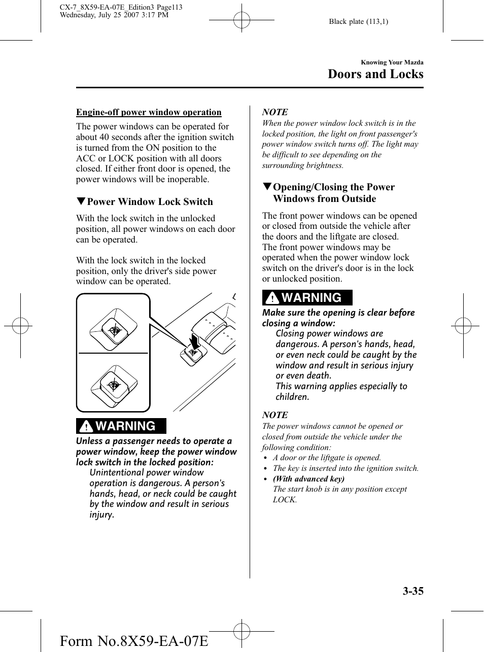 Doors and locks, Warning | Mazda 2008 CX-7 User Manual | Page 113 / 502
