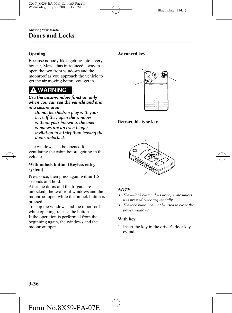 Doors and locks, Warning | Mazda 2008 CX-7 User Manual | Page 114 / 502