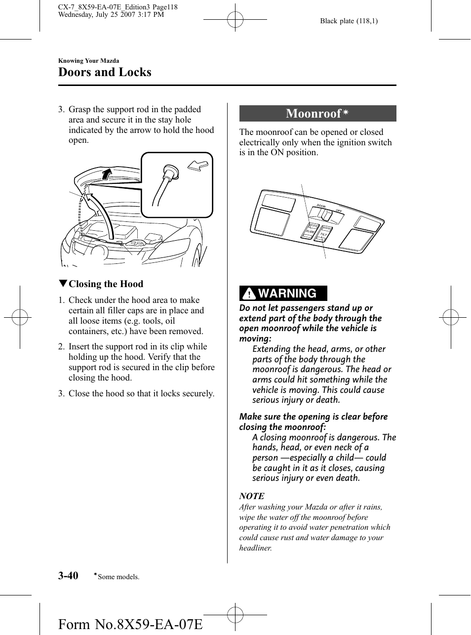 Moonroof, Doors and locks, Warning | Mazda 2008 CX-7 User Manual | Page 118 / 502
