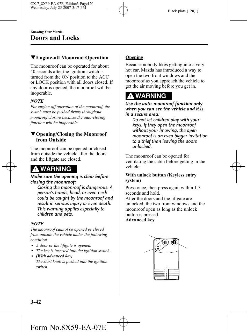 Doors and locks, Warning | Mazda 2008 CX-7 User Manual | Page 120 / 502
