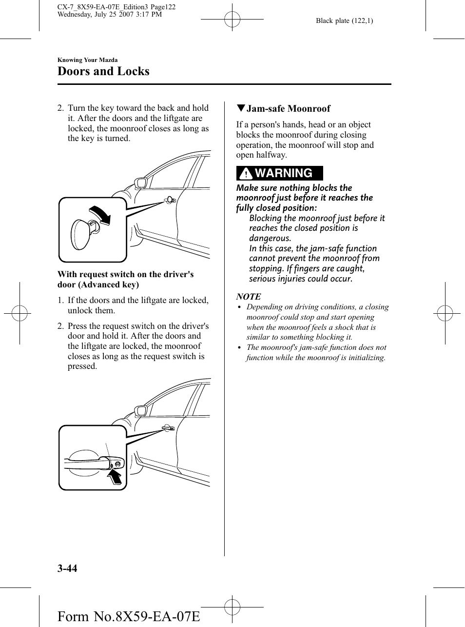 Doors and locks, Warning | Mazda 2008 CX-7 User Manual | Page 122 / 502