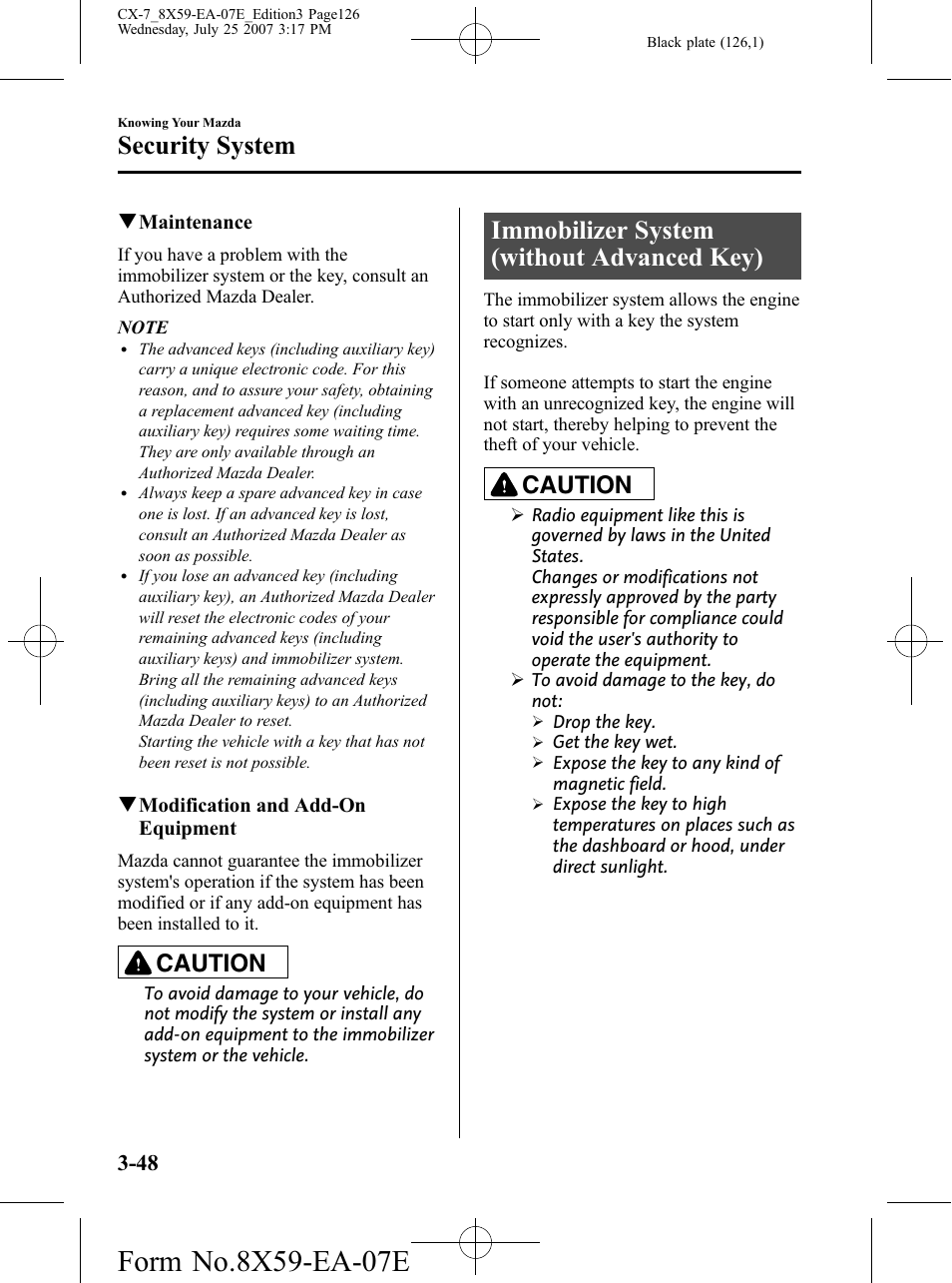 Immobilizer system (without advanced key), Immobilizer system (without advanced key) -48, Security system | Caution | Mazda 2008 CX-7 User Manual | Page 126 / 502