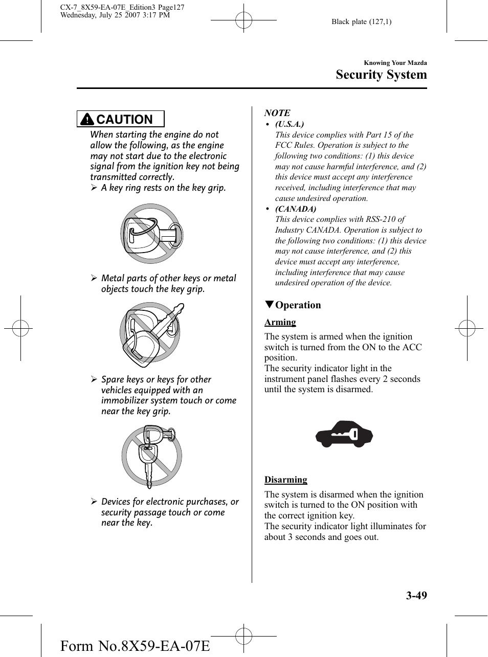 Security system, Caution | Mazda 2008 CX-7 User Manual | Page 127 / 502