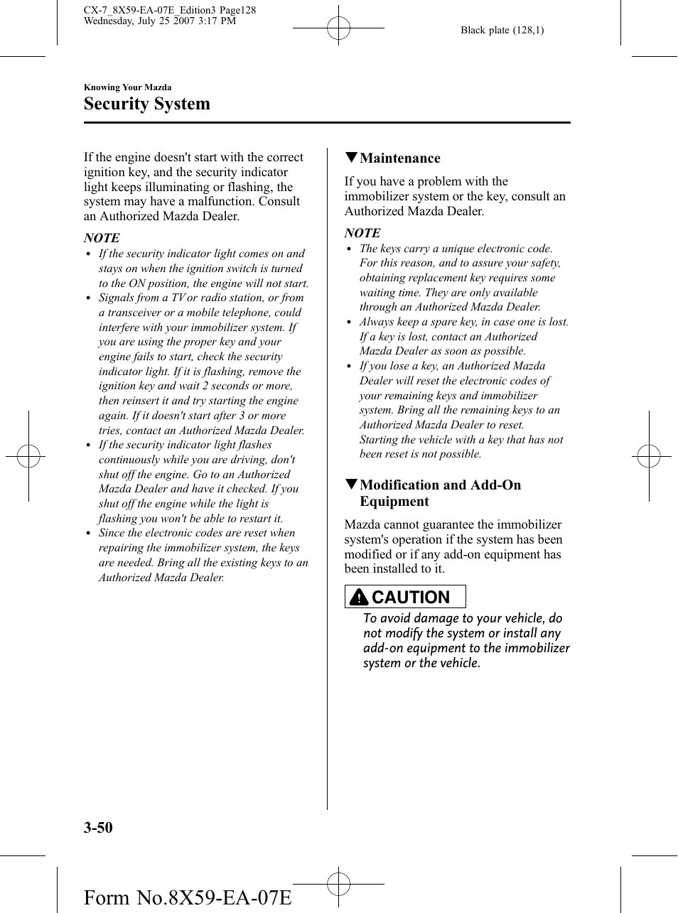 Security system, Caution, Qmaintenance | Qmodification and add-on equipment | Mazda 2008 CX-7 User Manual | Page 128 / 502