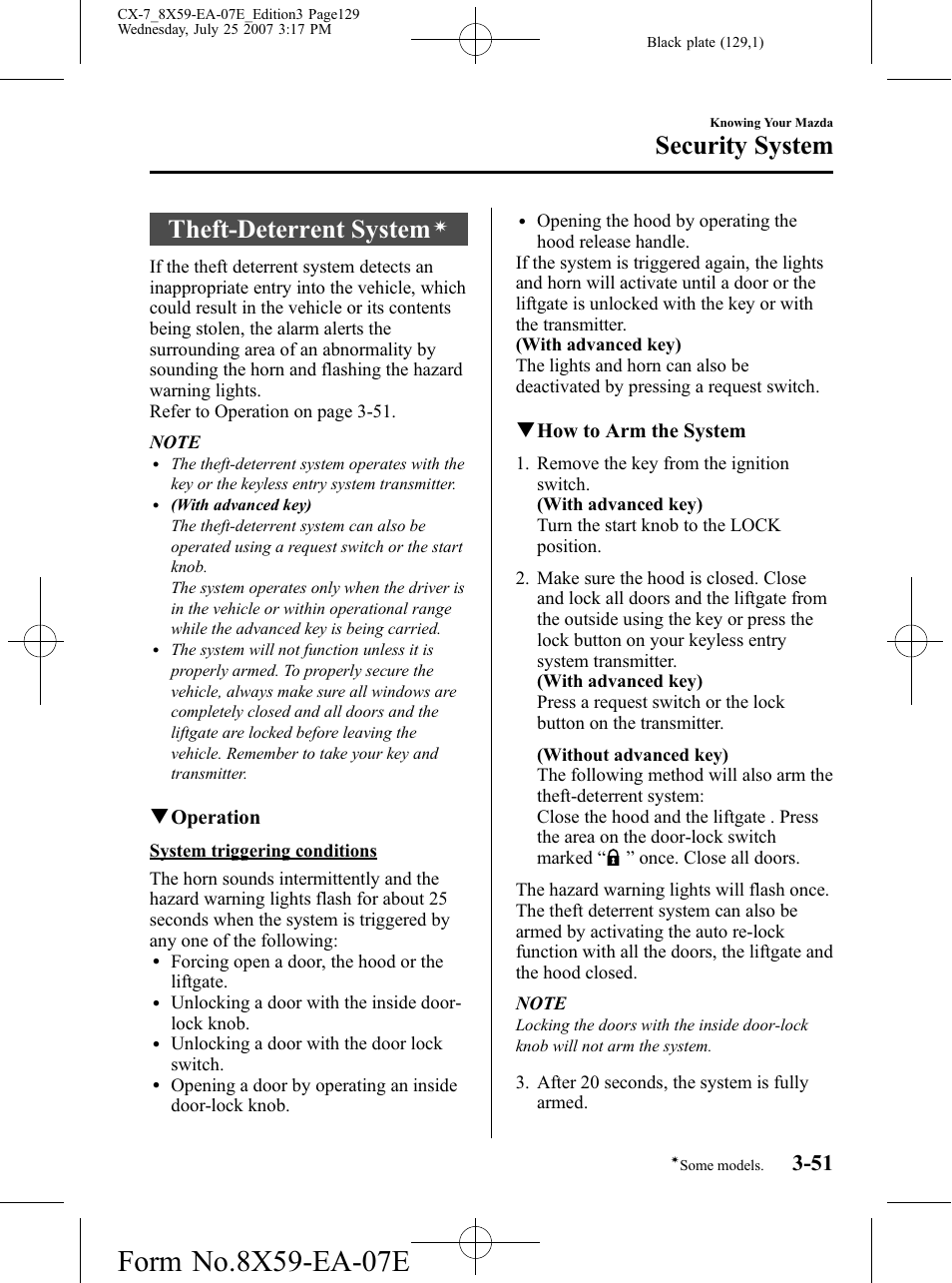 Theft-deterrent system, Security system, Qoperation | Qhow to arm the system | Mazda 2008 CX-7 User Manual | Page 129 / 502