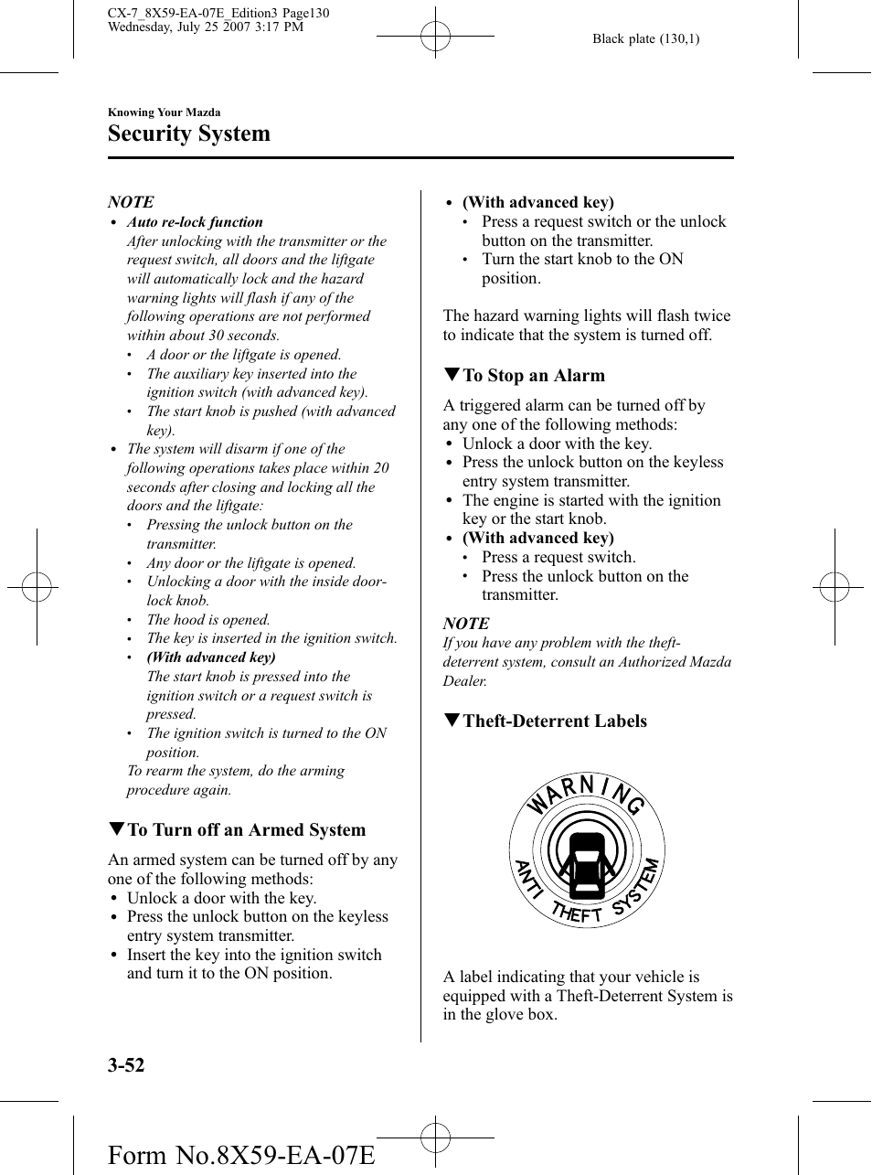 Security system, Qto turn off an armed system, Qto stop an alarm | Qtheft-deterrent labels, Unlock a door with the key, With advanced key), Press a request switch | Mazda 2008 CX-7 User Manual | Page 130 / 502