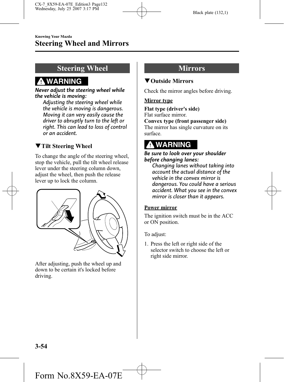 Steering wheel and mirrors, Steering wheel, Mirrors | Steering wheel and mirrors -54, Steering wheel -54 mirrors -54, Warning | Mazda 2008 CX-7 User Manual | Page 132 / 502