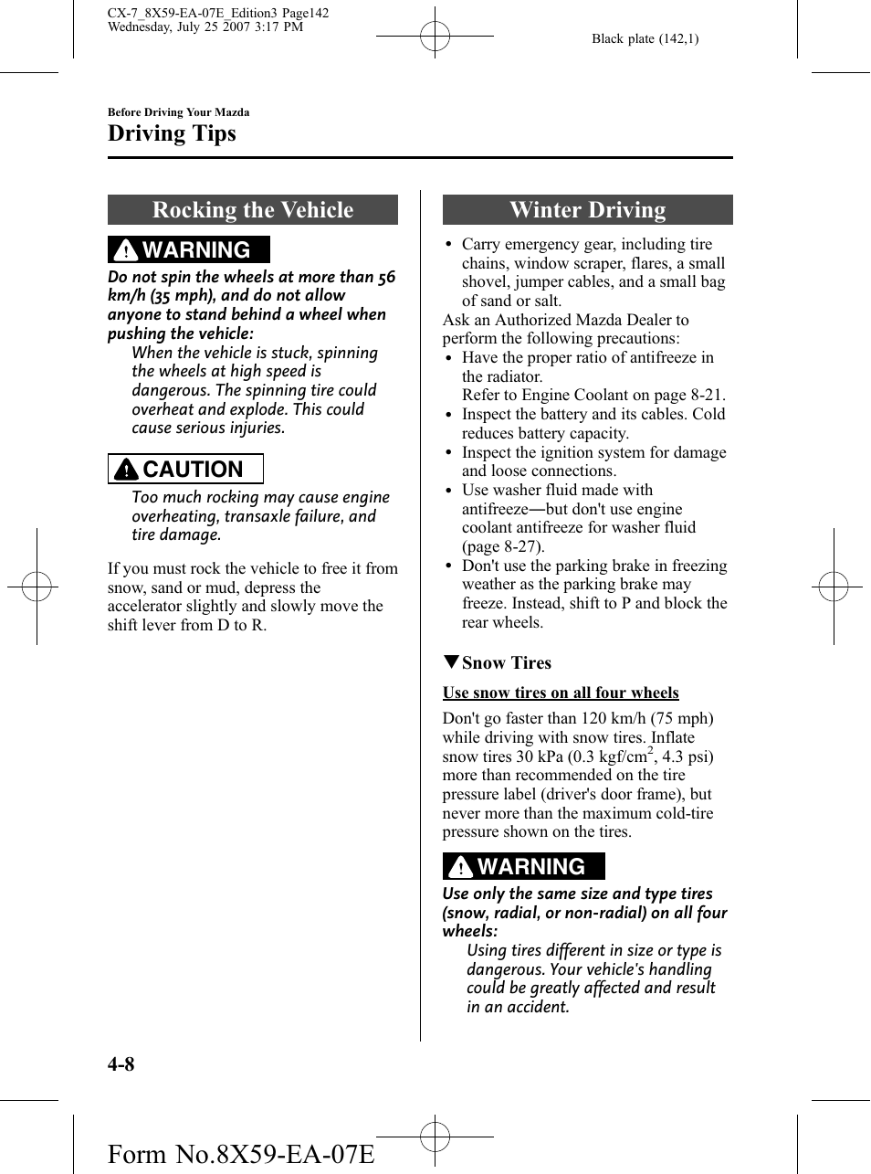 Rocking the vehicle, Winter driving, Rocking the vehicle -8 winter driving -8 | Driving tips, Warning, Caution | Mazda 2008 CX-7 User Manual | Page 142 / 502