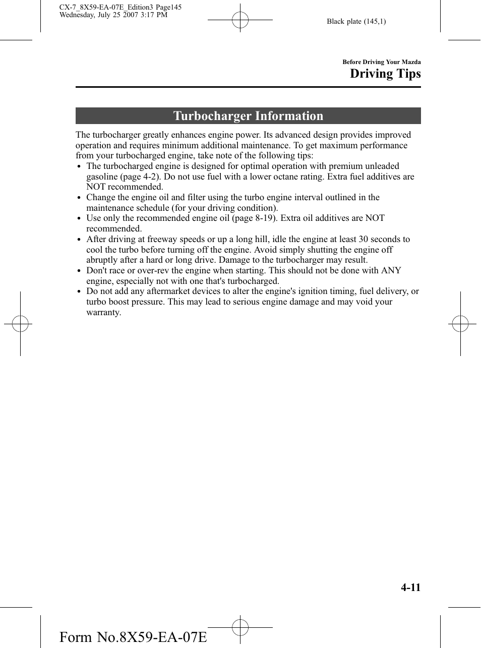Turbocharger information, Turbocharger information -11, Driving tips | Mazda 2008 CX-7 User Manual | Page 145 / 502