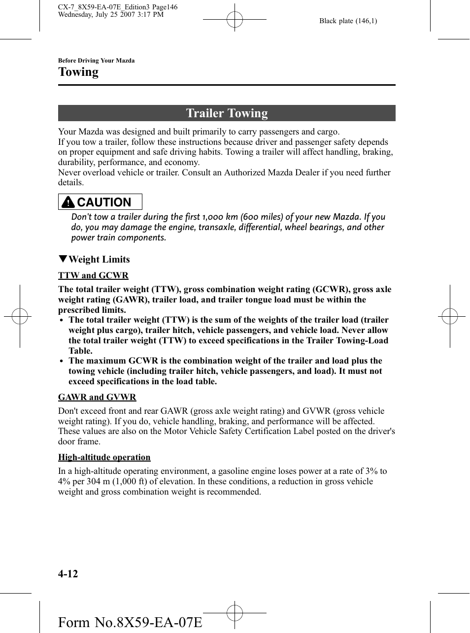 Towing, Trailer towing, Towing -12 | Trailer towing -12, Caution | Mazda 2008 CX-7 User Manual | Page 146 / 502