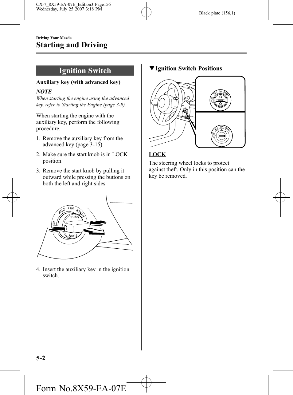 Starting and driving, Ignition switch, Starting and driving -2 | Ignition switch -2 | Mazda 2008 CX-7 User Manual | Page 156 / 502