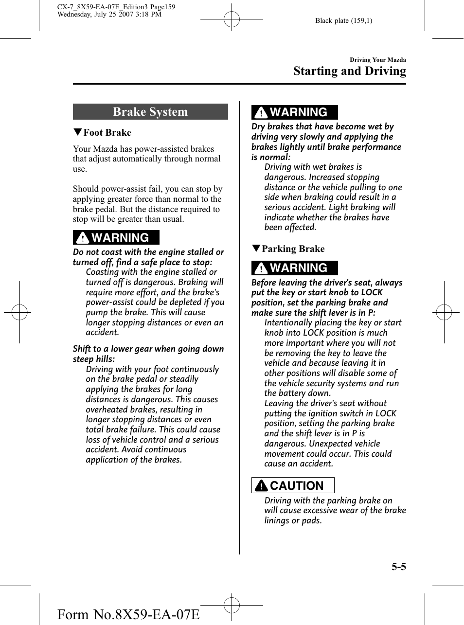 Brake system, Brake system -5, Starting and driving | Warning, Caution | Mazda 2008 CX-7 User Manual | Page 159 / 502