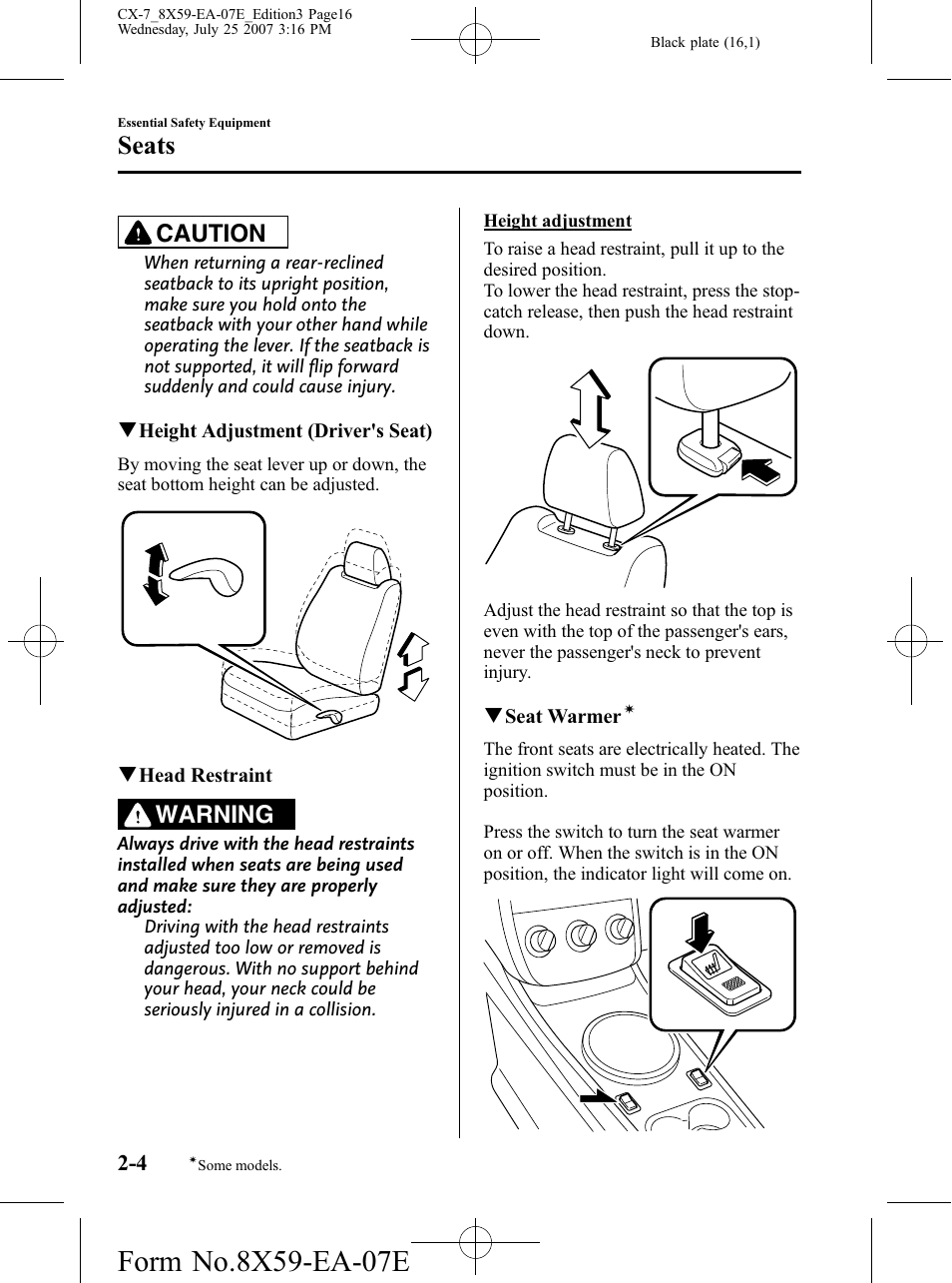 Seats, Caution, Warning | Mazda 2008 CX-7 User Manual | Page 16 / 502