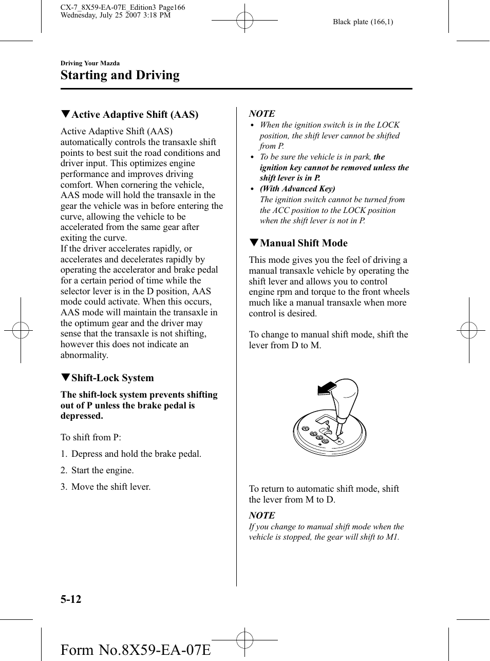 Starting and driving | Mazda 2008 CX-7 User Manual | Page 166 / 502