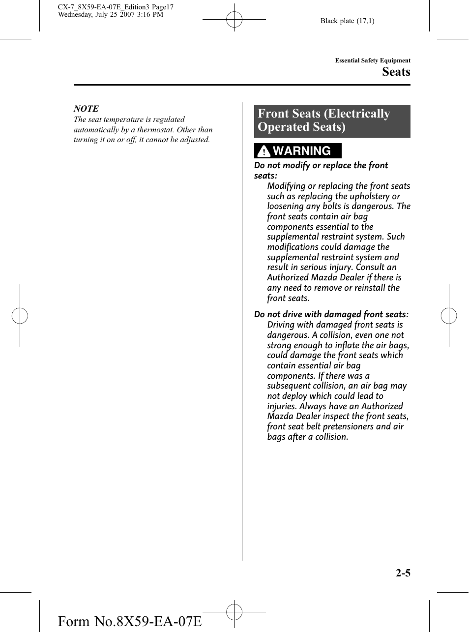 Front seats (electrically operated seats), Front seats (electrically operated seats) -5, Seats | Warning | Mazda 2008 CX-7 User Manual | Page 17 / 502