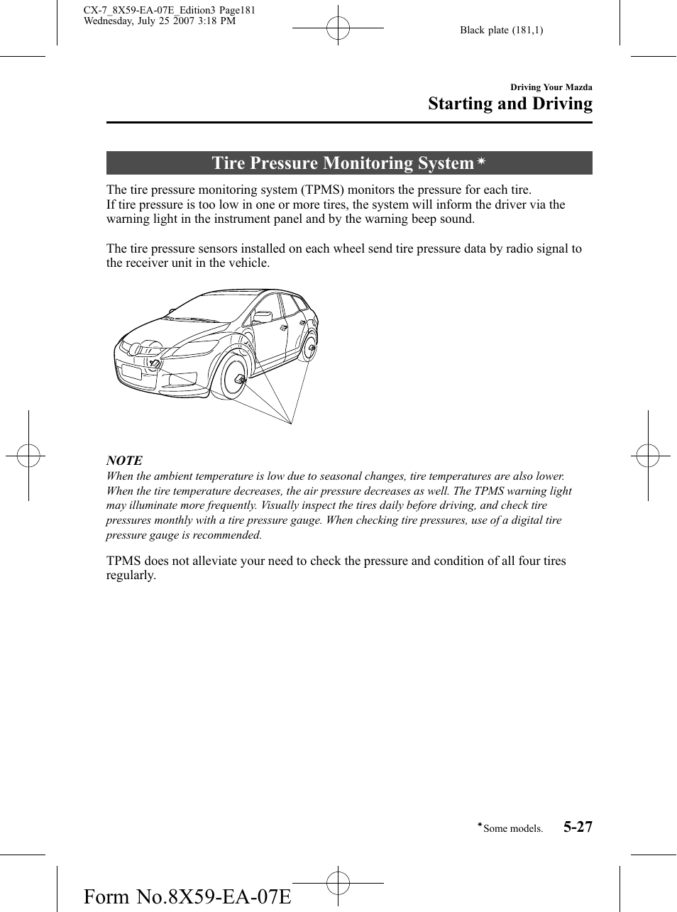 Tire pressure monitoring system, Starting and driving | Mazda 2008 CX-7 User Manual | Page 181 / 502