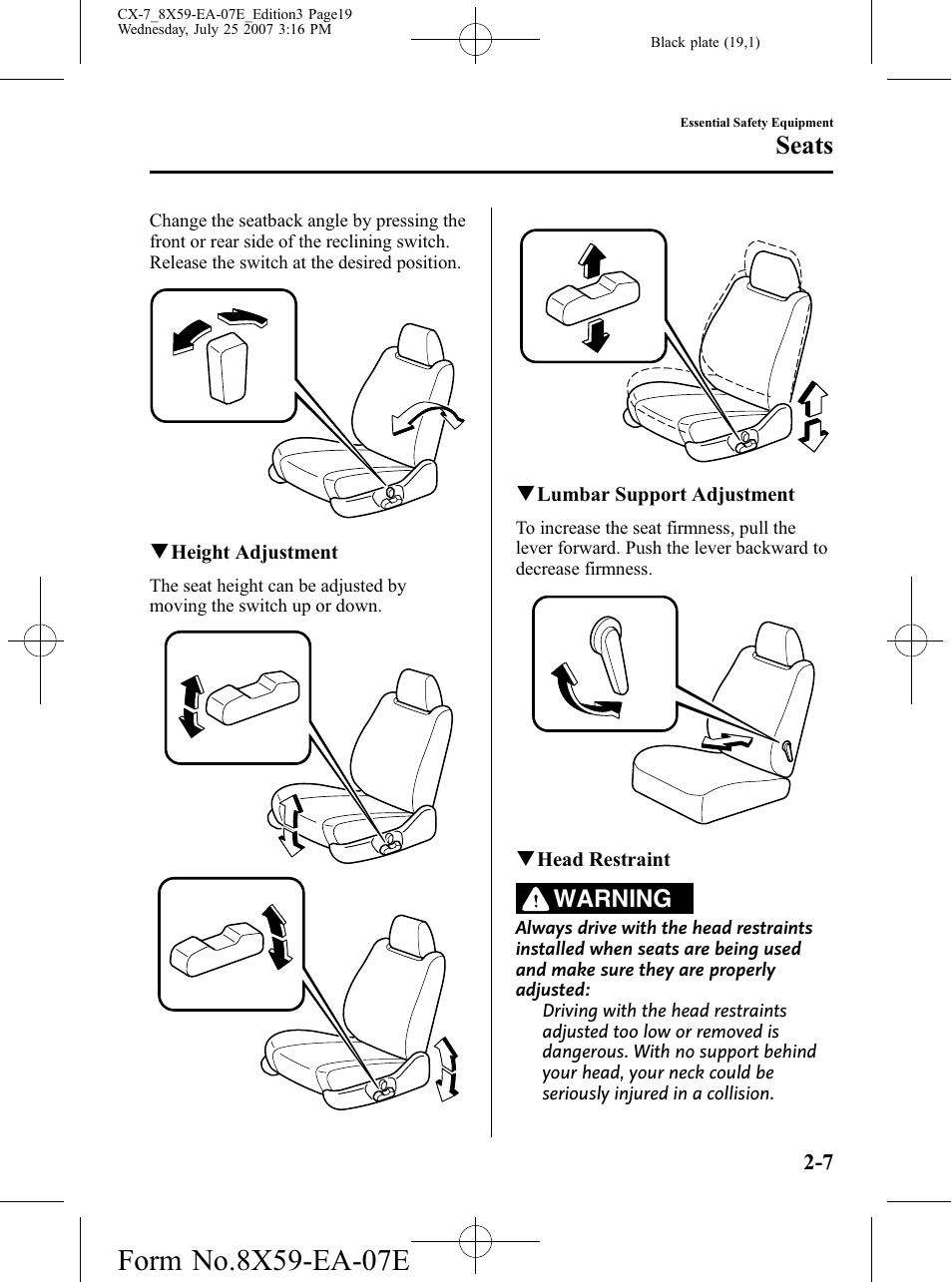 Seats, Warning | Mazda 2008 CX-7 User Manual | Page 19 / 502