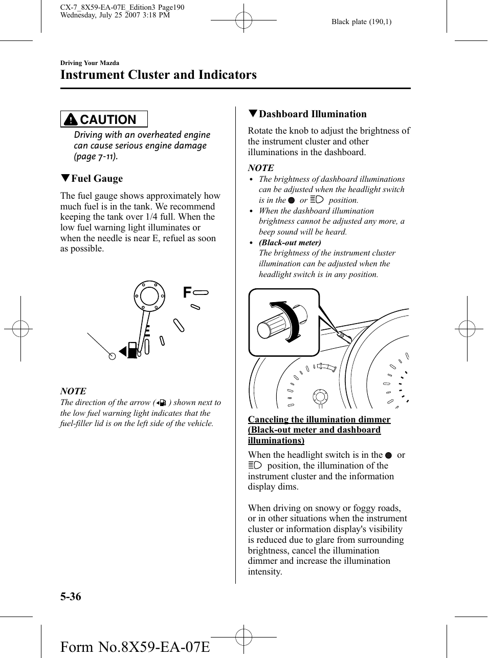 Instrument cluster and indicators, Caution | Mazda 2008 CX-7 User Manual | Page 190 / 502