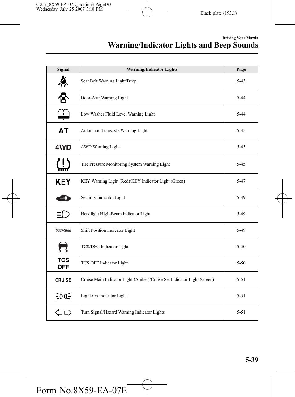 Warning/indicator lights and beep sounds | Mazda 2008 CX-7 User Manual | Page 193 / 502