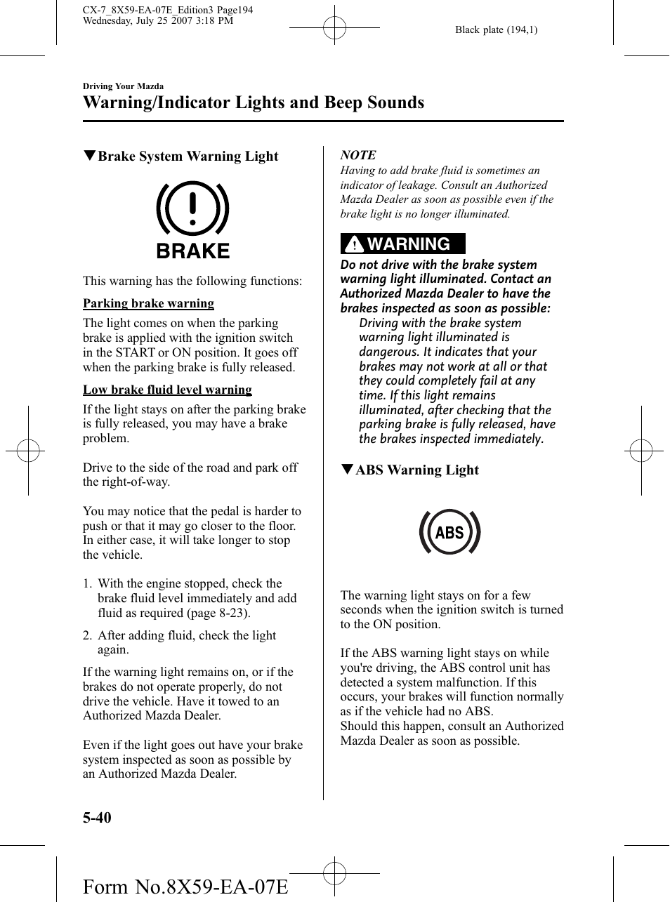 Warning/indicator lights and beep sounds, Warning | Mazda 2008 CX-7 User Manual | Page 194 / 502