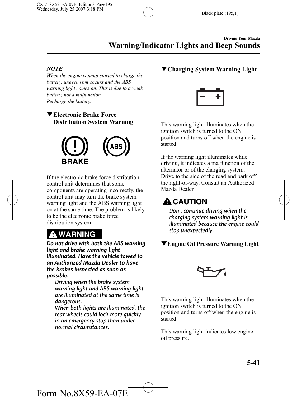 Warning/indicator lights and beep sounds, Warning, Caution | Mazda 2008 CX-7 User Manual | Page 195 / 502
