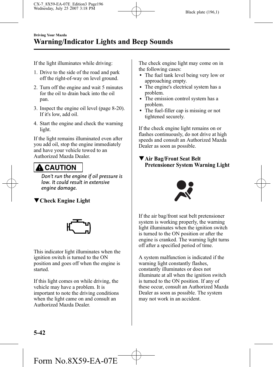 Warning/indicator lights and beep sounds, Caution | Mazda 2008 CX-7 User Manual | Page 196 / 502
