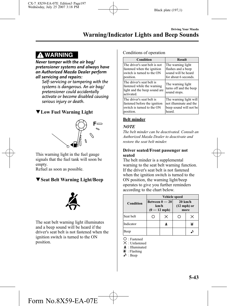 Warning/indicator lights and beep sounds, Warning | Mazda 2008 CX-7 User Manual | Page 197 / 502