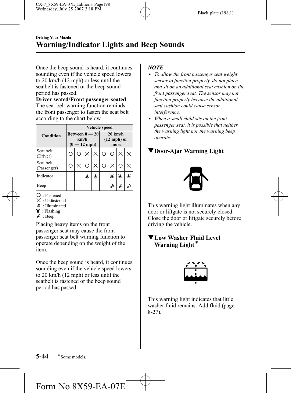 Warning/indicator lights and beep sounds, Qdoor-ajar warning light, Qlow washer fluid level warning light | Mazda 2008 CX-7 User Manual | Page 198 / 502