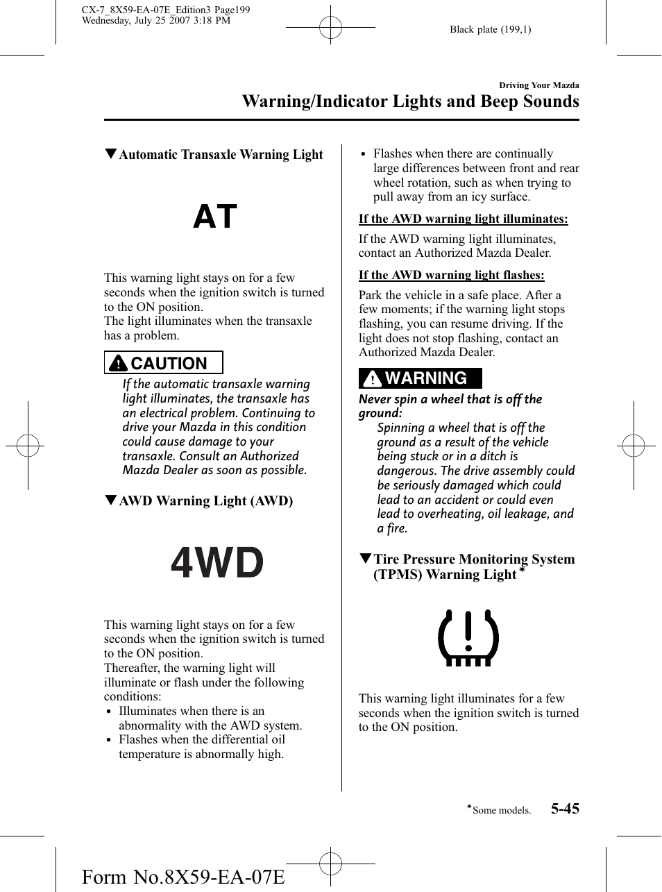Warning/indicator lights and beep sounds, Caution, Warning | Mazda 2008 CX-7 User Manual | Page 199 / 502