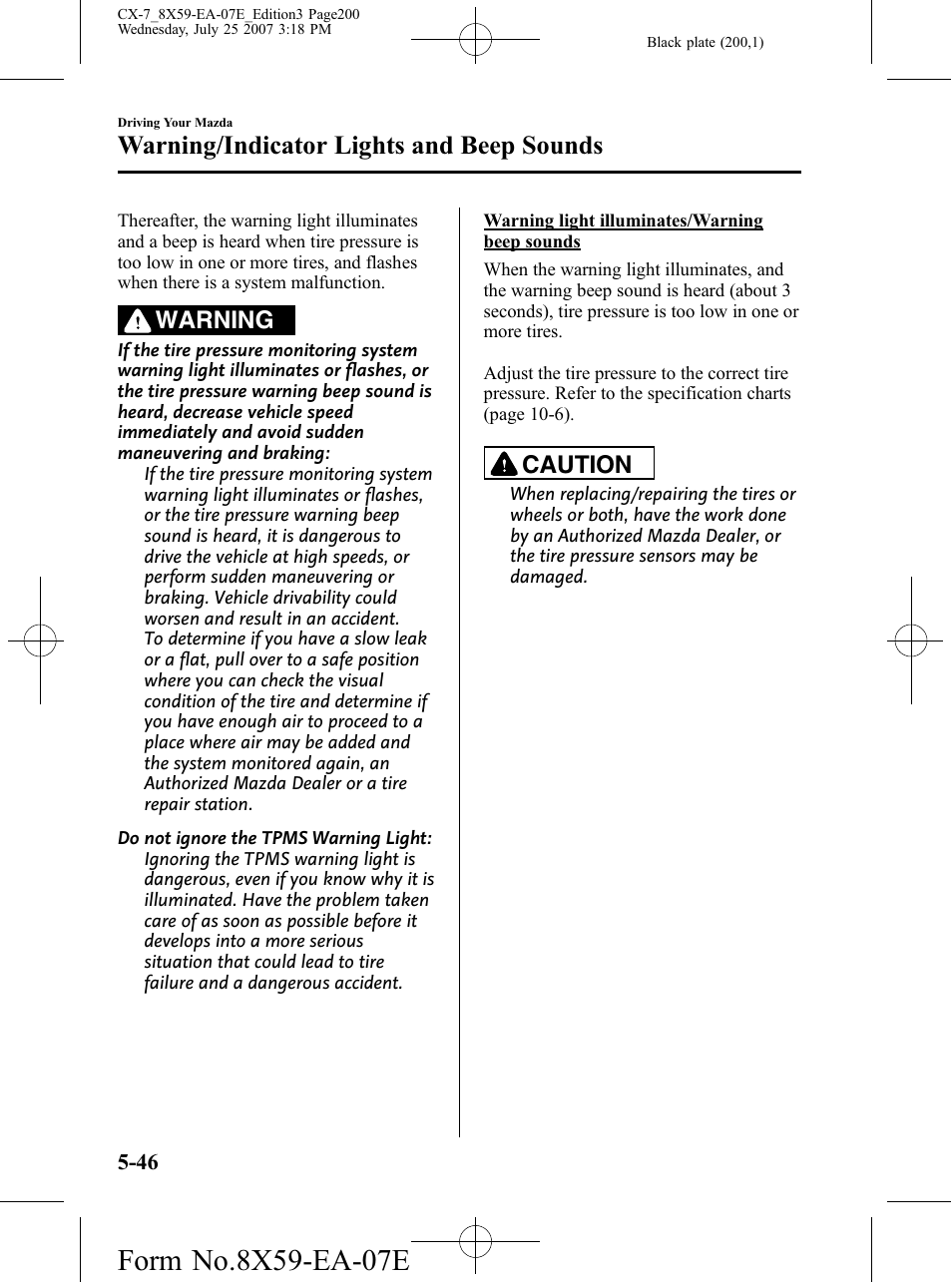 Warning/indicator lights and beep sounds, Warning, Caution | Mazda 2008 CX-7 User Manual | Page 200 / 502
