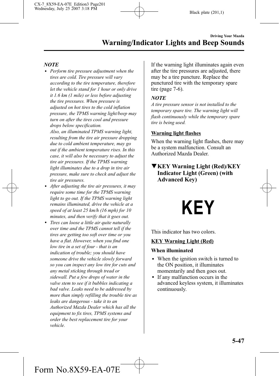 Warning/indicator lights and beep sounds | Mazda 2008 CX-7 User Manual | Page 201 / 502